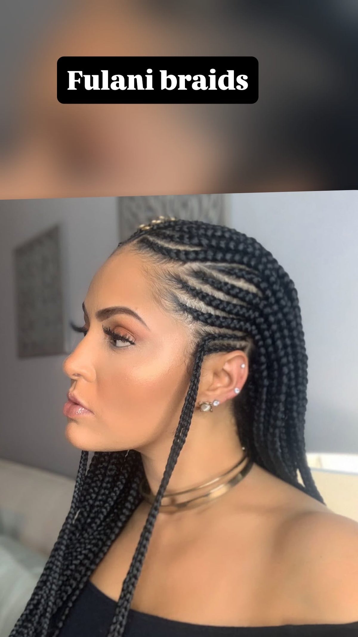 A woman shown in profile wearing black Fulani braids, with a text overlay at the top reading 'Fulani braids'.