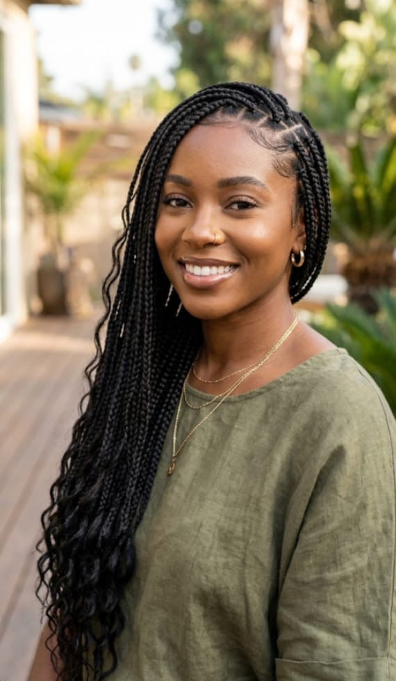 A smiling woman with long, dark, curly goddess box braids  in mid back length wearing an olive green top, photographed outdoors with a blurred background of plants and a wooden walkway.