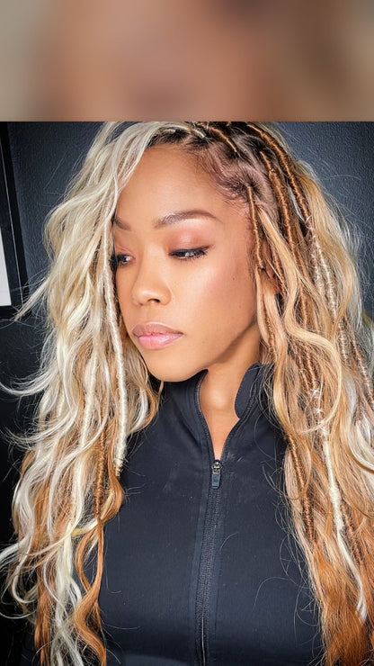 A close-up of a woman with long, wavy blonde and brown hair styled in boho individual locs  wearing a black zip-up top against a dark background.