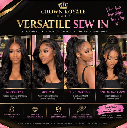 Promotional graphic for Crown Royale Hair Versatile Sew In extensions, showing four female models with long, straight, black hair styled in different ways: middle part, side part, high ponytail, and half up / half down. The background is black with gold and pink text and graphics.