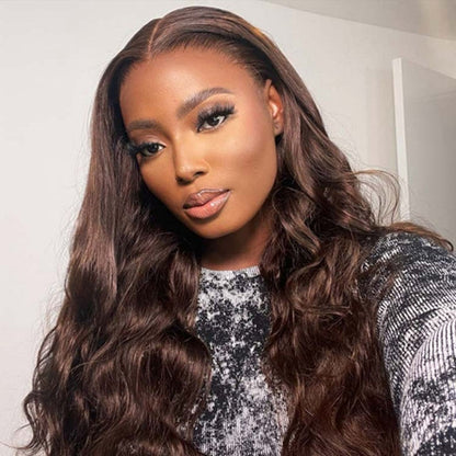 woman with a middle part weave installation wearing crown royale hair  in 26, 26 , 26 inches long 