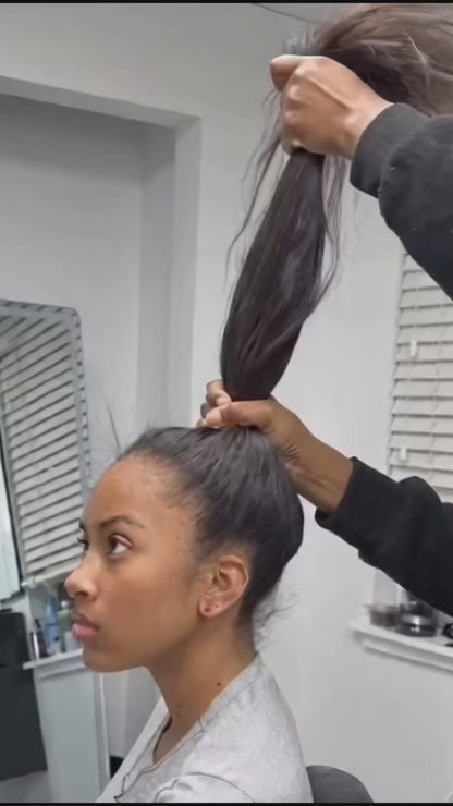 versatile weave sew in being demonstrated showing different partings a