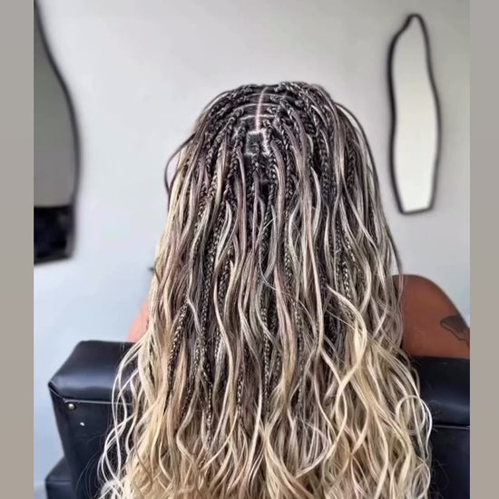 long waist length french curl braids with the boho technique in platinum blonde