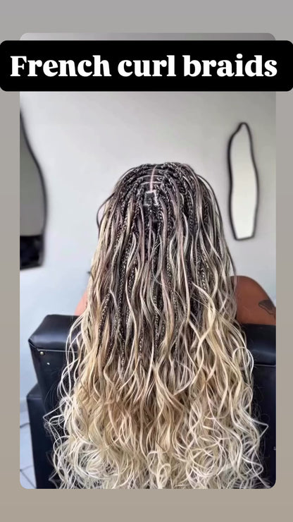 long waist length french curl braids with the boho technique in platinum blonde