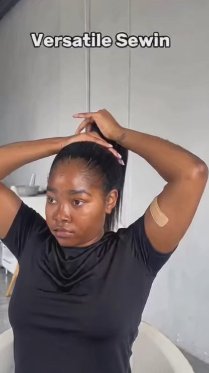 versatile sew in weave being shown on a girl who is wearing it in a middle part weave , side part weave, ponytail weave 
she has used straight hair human hair bundles to achieve the look
